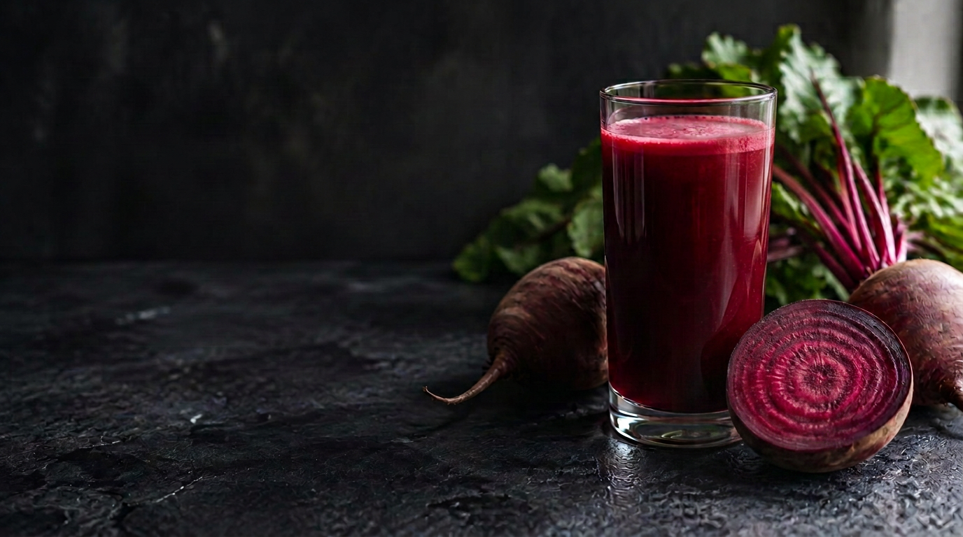 A glass of beet juice beside fresh beetroots and a bottle of Pomona beetroot juice on dark slate